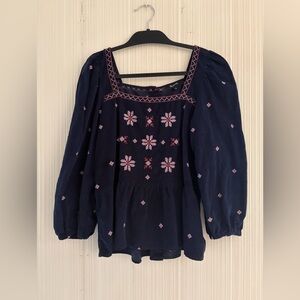 Navy Blue Embroidered Peasant Blouse